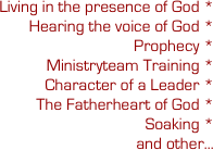 Living in the presence of God *
 Hearing the voice of God *
Prophecy *
Ministryteam Training *
Character of a Leader *
The Fatherheart of God *
Soaking *
and other...